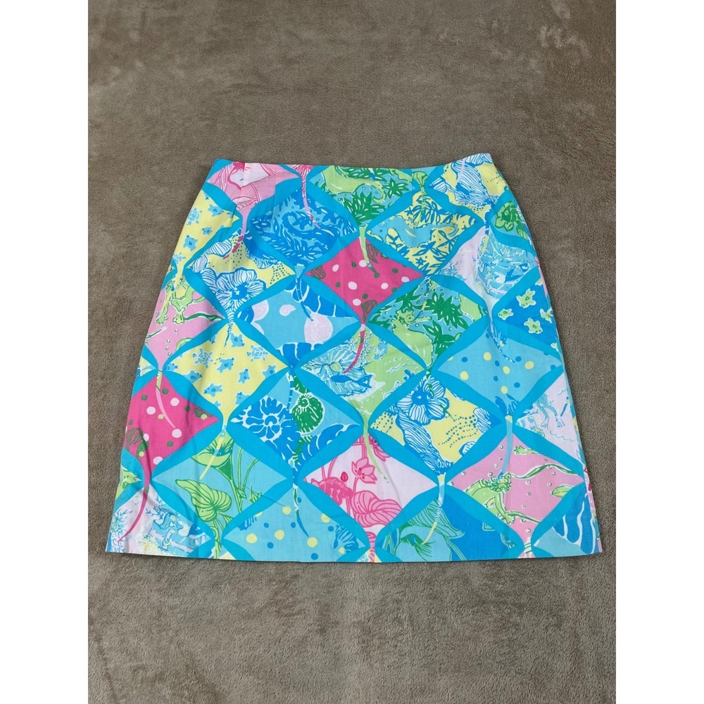 Vintage Lilly Pulitzer Patched work Skirt Women Size 6 Blue cotton EUC